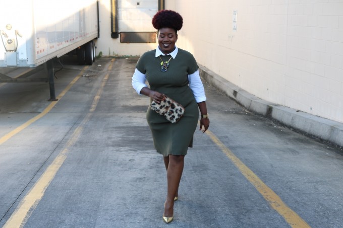 Black Fashion Blogger Leopard Purse Green Rib Sweater Dress