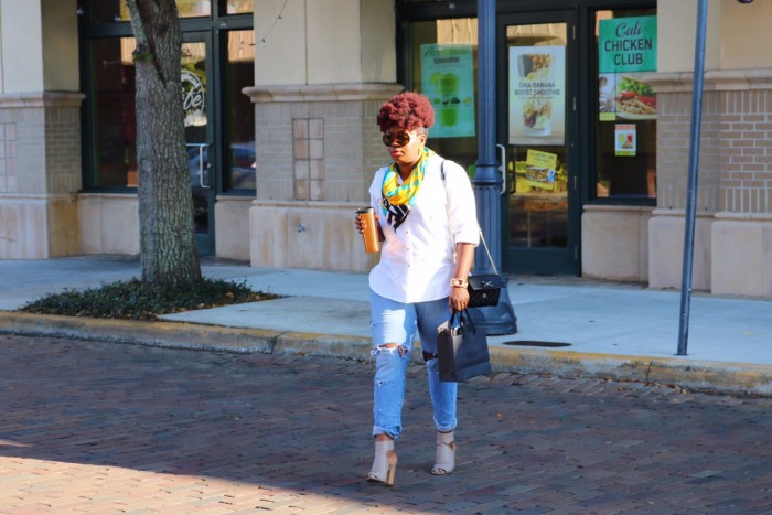 Orlando Street Style Blogger wearing Distressed Denim with White Shirt and Nude Pumps from Kohl's Collection