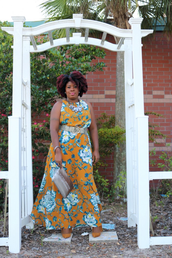 Black Fashion Blogger Standing Posing in Floral Maxi Dress