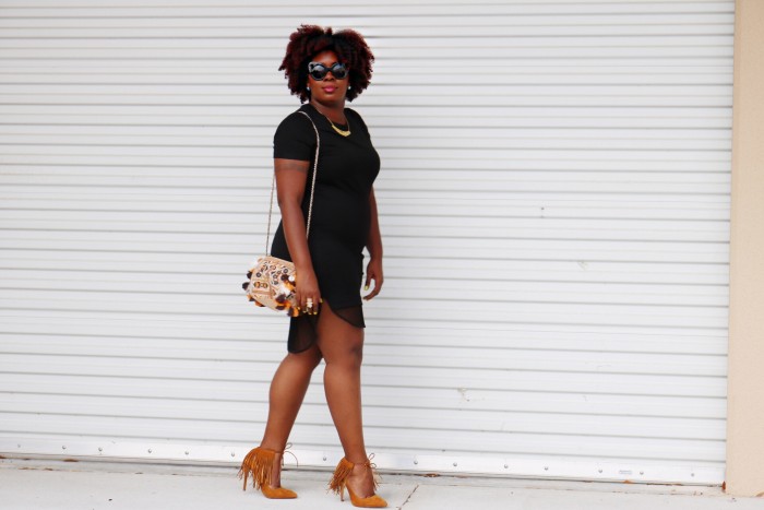 black and mesh dress with fringe pumps