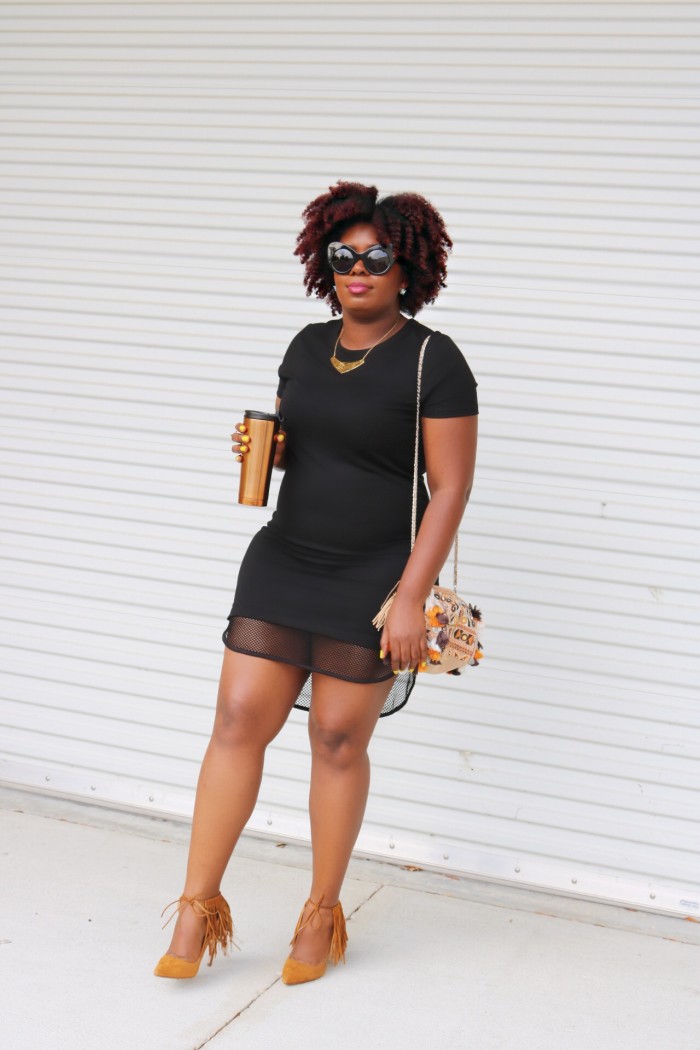 black dress, sunnies, starbucks cup